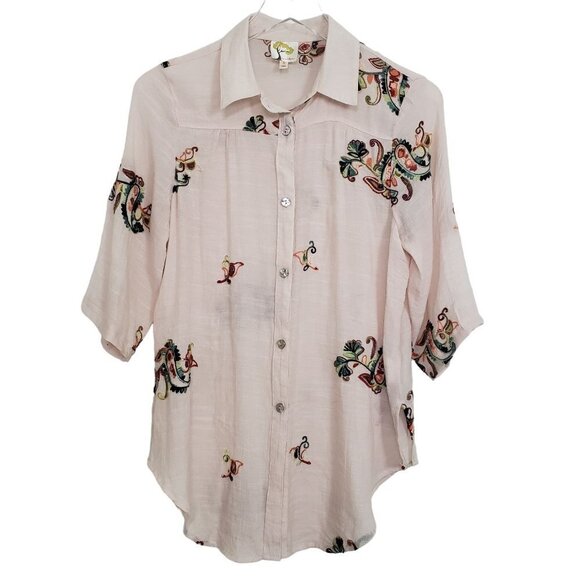 Fig & Flower Embroidered Paisley Top Boho Oversized Pink Womens Size Small - Picture 1 of 9